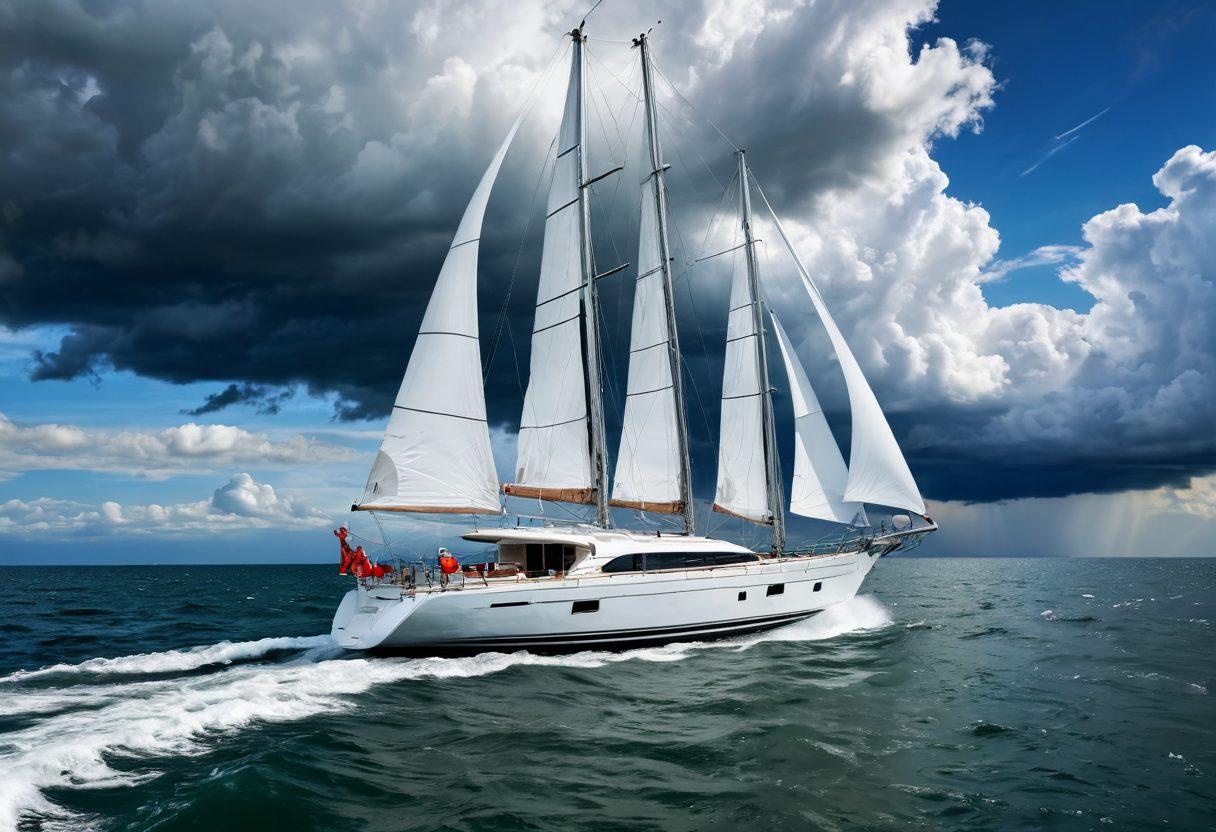 A majestic yacht sailing smoothly on calm waters, surrounded by a blend of stormy clouds and sunny skies, symbolizing risk and safety. Include a digital overlay of various safety gear like life jackets and fire extinguishers, along with icons representing liability insurance and risk management strategies. The setting conveys a balance between adventure and caution. super-realistic. vibrant colors. nautical theme.