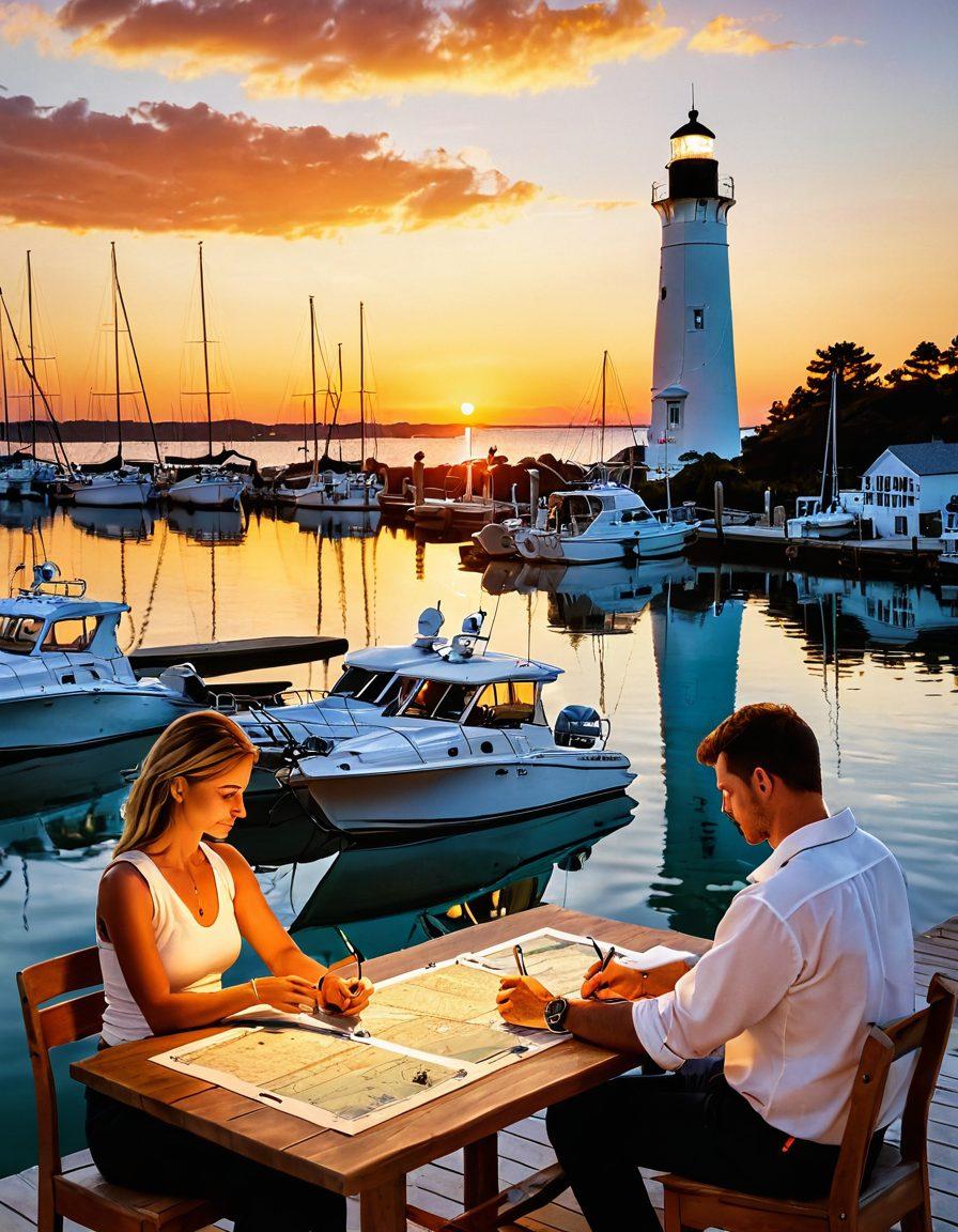 A serene marina at sunset, showcasing various boats gently anchored. In the foreground, a couple reviewing an insurance policy with nautical charts spread out on a table. The background features a lighthouse and calm waters reflecting warm hues. Include subtle elements like safety gear and life jackets. super-realistic. vibrant colors. peaceful ambiance.